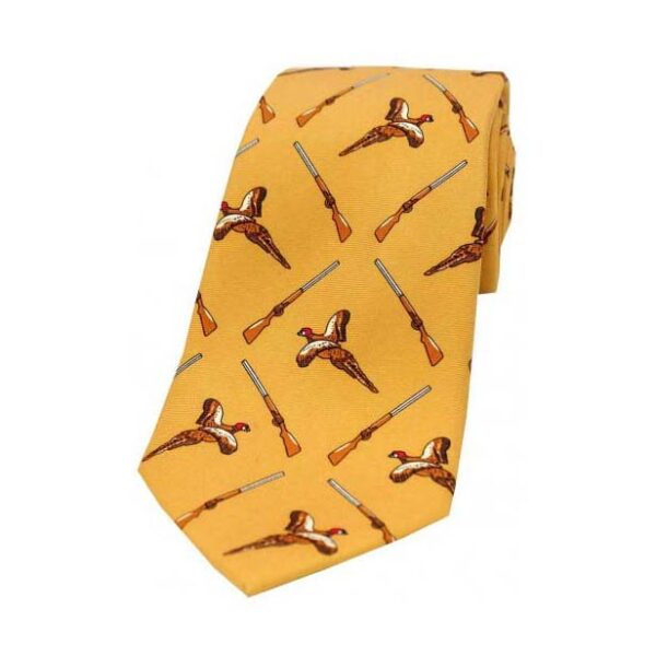 Flying Pheasant and Shotgun on Gold Country Silk Tie