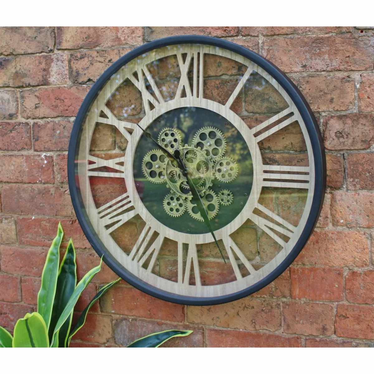 Black and Natural Moving Gear Clock, 57cm