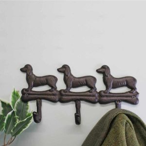 Rustic Cast Iron Wall Hooks, Sausage Dog Design With 3 Hooks